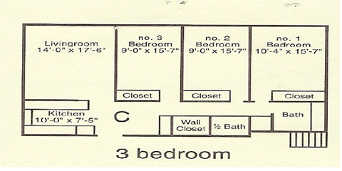Floor plan for 3 beds, 1.5 baths, 1100 sqft